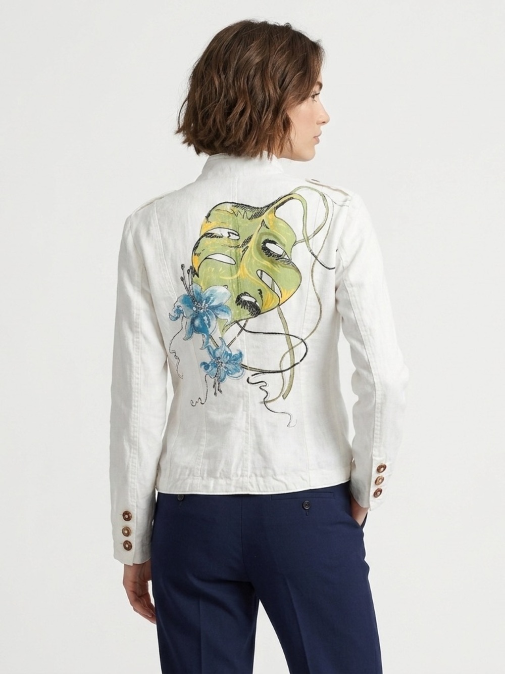 Da-Nang P White Linen Utility Jacket Painted Floral Art to Wear